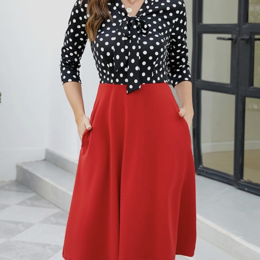 Elegant Polka Dot and Red A-Line Dress